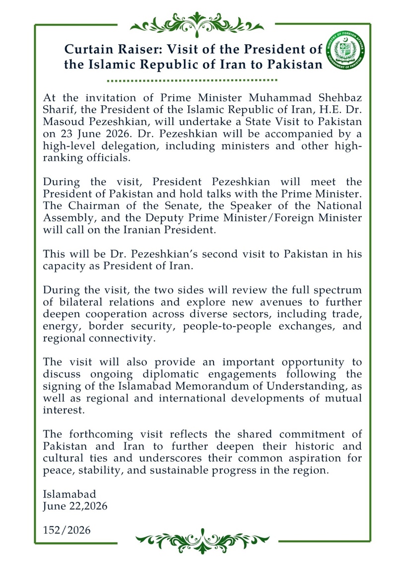 Ministerio de Relaciones Exteriores de Pakistán: La visita de Pezeshkian a Islamabad refleja la aspiración compartida a una paz sostenible en la región